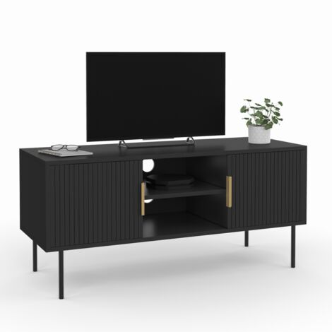 Idmarket – Meuble TV 110 cm noir – 2 portes lattes en bois – Compartiments ouverts pour matériel hi-fi – Design moderne élégant (1/5)