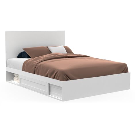 Idmarket – Lit double avec rangements – Tête de lit et sommier 140 x 190 cm – Panneaux de particules blanc – 2 tiroirs sous le lit (1/5)