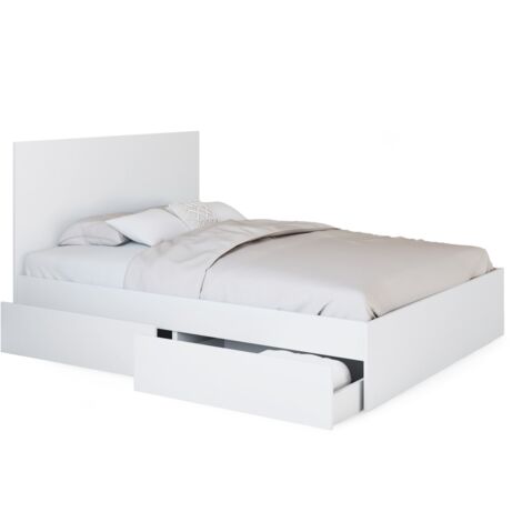 Idmarket – Lit double avec 4 tiroirs sur roulettes – Tête de lit – Sommier 140 x 190 cm – Panneaux de particules blanc – Idéal pour petits espaces (1/5)