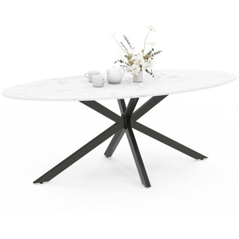Idmarket – Table à manger ovale 10 personnes – Plateau MDF effet marbre blanc – Pied araignée métal noir – Longueur 200 cm x Largeur 90 cm