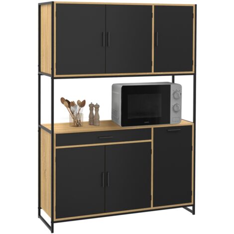 Idmarket – Buffet de cuisine 120 cm – 6 portes et tiroir – Design industriel en panneaux mélaminés et métal noir – Rangement XXL