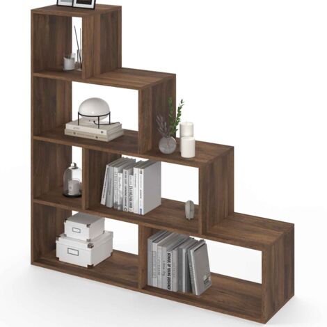 Idmarket – Bibliothèque escalier 4 niveaux effet noyer – Dimensions 114x30x114 cm – 6 niches de rangement – Structure panneaux de particules