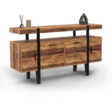 Idmarket – Buffet 140 cm 4 portes en bois effet vieilli et métal noir – Pieds épingle – Rangement optimisé pour salon – Style industriel