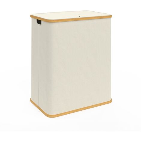 Panier à Linge 2 Bacs Amovibles Bambou RITA Tissu écru 140 L