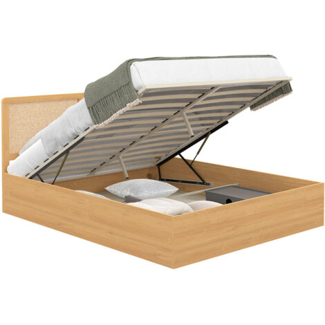 Idmarket – Lit coffre double 140 x 190 cm – Tête de lit cannage – Sommier 24 lattes – Coffre de rangement pratique en bois