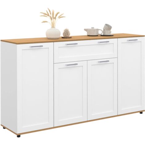 Idmarket – Buffet 140 cm 4 portes et 1 tiroir – Blanc et bois clair – Dimensions 140x34x80 cm – Etagères ajustables pour rangement optimisé