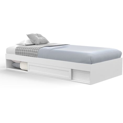 Idmarket – Cadre de lit simple 90 x 190 cm blanc – Rangement intégré sous le sommier – Panneaux de particules – Design moderne et épuré
