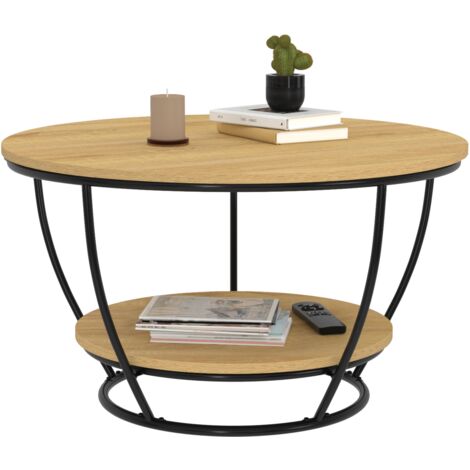 Idmarket – Table basse ronde double plateau 70 cm – Design industriel en MDF et métal – Compartiment de rangement intégré – Hauteur 40,5 cm (1/5)