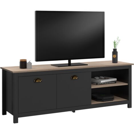 Idmarket – Meuble TV vintage 140 cm noir et bois – 2 placards avec poignées bronze – 2 étagères latérales – Trous passe-câbles pour installation optimisée (1/5)