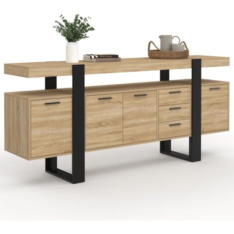 Buffet 180 cm PHOENIX XXL 4 portes et 3 tiroirs bois et noir