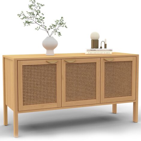Idmarket – Buffet bas 110 cm – 3 portes en bois et cannage – Rangement élégant pour salon – Dimensions L. 110 x l. 40 x H. 60 cm