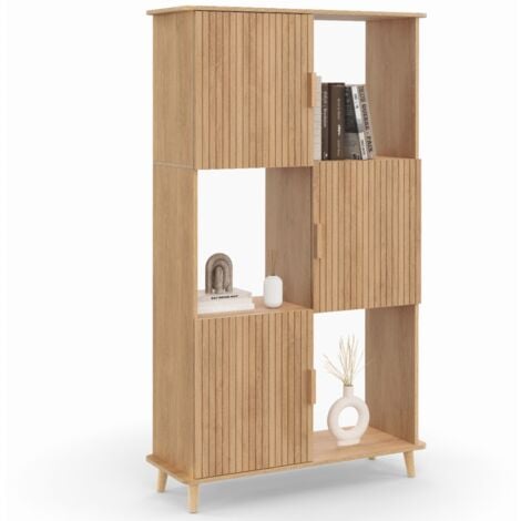 Etagère bibliothèque 6 cases JULIETTE lattes tasseau bois coloris chêne avec placard