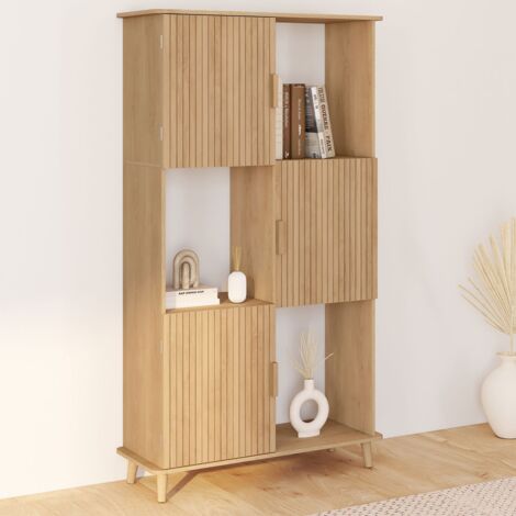 Etagère bibliothèque 6 cases JULIETTE lattes tasseau bois coloris chêne avec placard