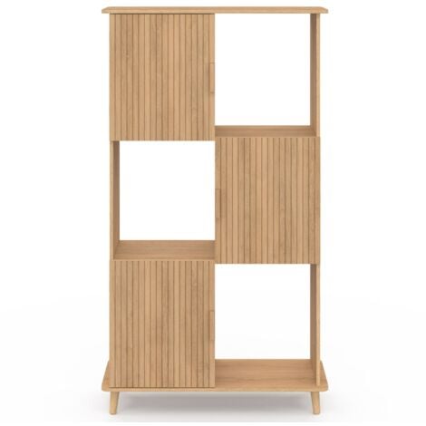 Etagère bibliothèque 6 cases JULIETTE lattes tasseau bois coloris chêne avec placard