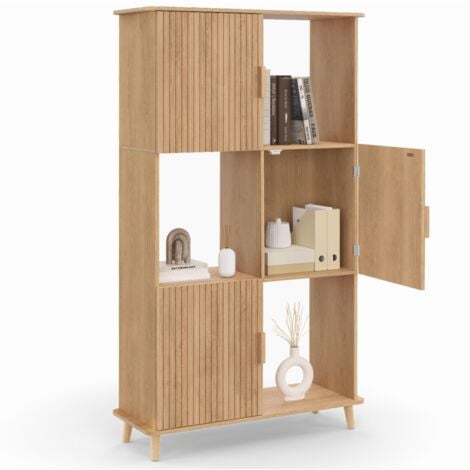 Etagère bibliothèque 6 cases JULIETTE lattes tasseau bois coloris chêne avec placard