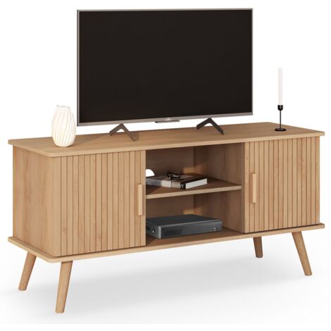 Idmarket – Meuble TV 110 cm – 2 portes lattes en bois – Coloris chêne – Rangements optimisés avec niches ouvertes – Pour écran jusqu'à 43 pouces