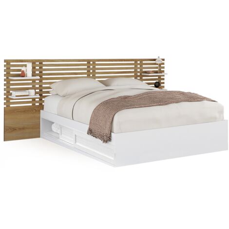 Idmarket – Lit double avec rangements 140 x 190 cm – Tête de lit lattes effet bois – 2 tiroirs sous sommier – Blanc et bois (1/5)