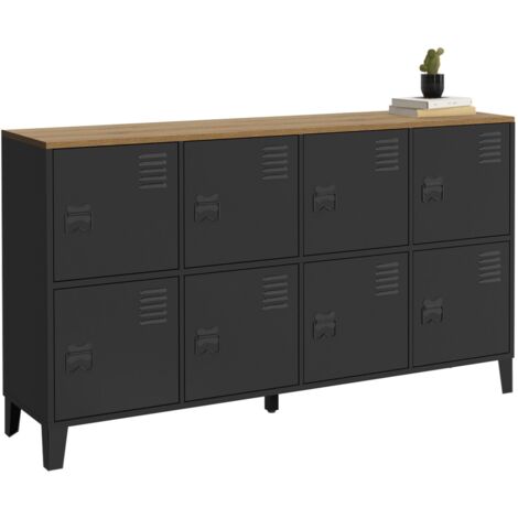 Idmarket – Buffet casier 139 cm 8 portes métal noir – Plateau bois façon hêtre – Rangement pratique pour salon, cuisine, salle à manger