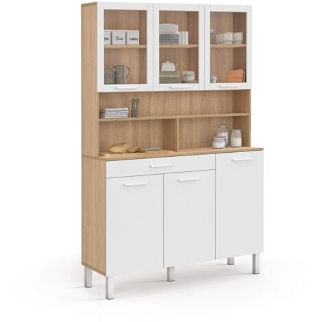 Buffet de cuisine vitré 120 CM CINA 6 portes + tiroir façon hêtre et blanc