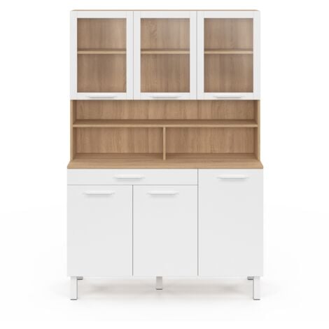Buffet de cuisine vitré 120 CM CINA 6 portes + tiroir façon hêtre et blanc