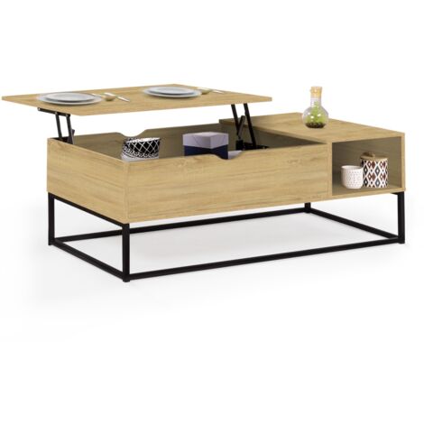 Idmarket – Table basse relevable rectangulaire avec rangements – Dimensions 110x55x44,5cm – Panneaux mélaminés et métal – Style industriel moderne
