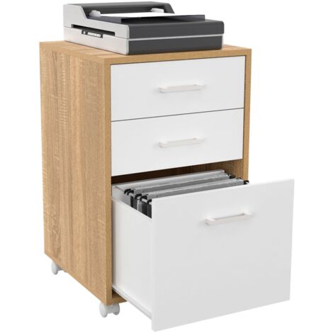 Idmarket – Caisson de bureau avec support imprimante – 3 tiroirs en panneaux de particules – Dimensions 43x40x65 cm – Coloris bois et blanc