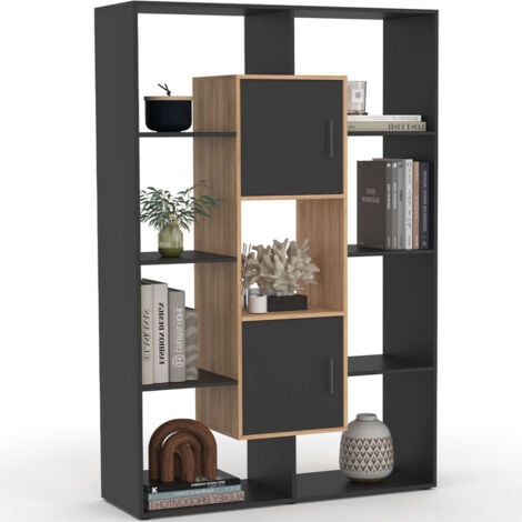Etagère bibliothèque COLETTE avec 11 compartiments et 2 cases noir et effet bois H.143 cm