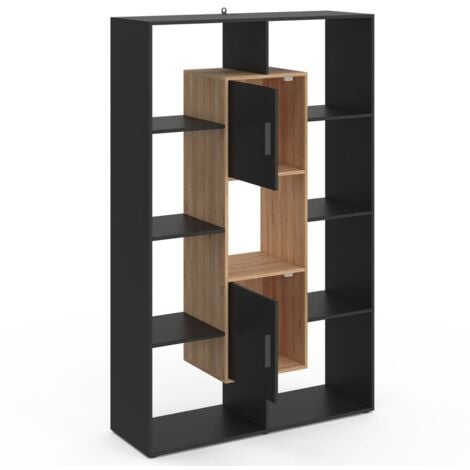 Etagère bibliothèque COLETTE avec 11 compartiments et 2 cases noir et effet bois H.143 cm