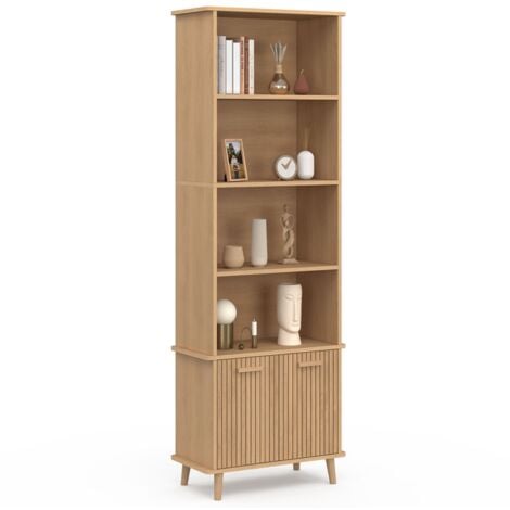 Etagère bibliothèque 4 niveaux avec placard JULIETTE lattes tasseau bois coloris chêne