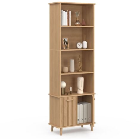 Etagère bibliothèque 4 niveaux avec placard JULIETTE lattes tasseau bois coloris chêne