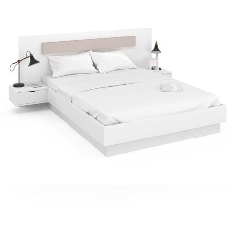 Lit double SANTA avec tête de lit + tables de chevet intégrées et sommier 140 x 190 cm blanc