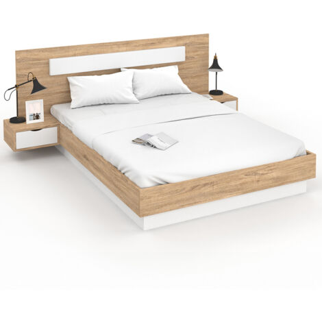 Idmarket – Lit double SANTA 140 x 190 cm – Tête de lit et chevets intégrés – Sommier à lattes – Bois et blanc – Design moderne