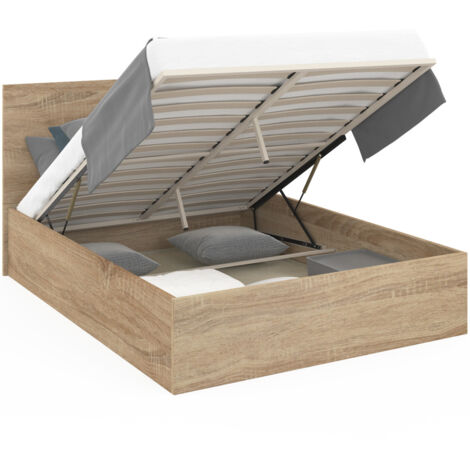 Idmarket – Lit coffre double 160 x 200 cm – Tête de lit et sommier inclus – Coffre de rangement avec vérins – Design hêtre moderne