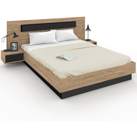 Idmarket – Lit double SANTA 160 x 200 cm – Tête de lit et chevets intégrés – Sommier à lattes bois et noir – Confort optimal pour sommeil réparateur