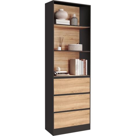 Idmarket – Bibliothèque CARLA 3 niveaux 3 tiroirs noir effet bois – Dimensions H.190 x L.60 x P.30 cm – Panneaux de particules – Design moderne