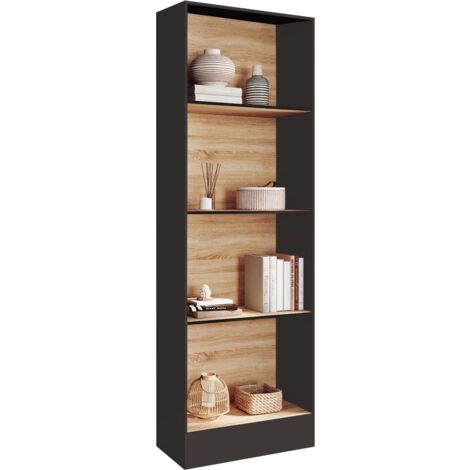 Idmarket – Bibliothèque CARLA 5 niveaux 190 cm – Noir et effet bois – Panneaux de particules – Dimensions 60 x 30 cm – Meuble moderne