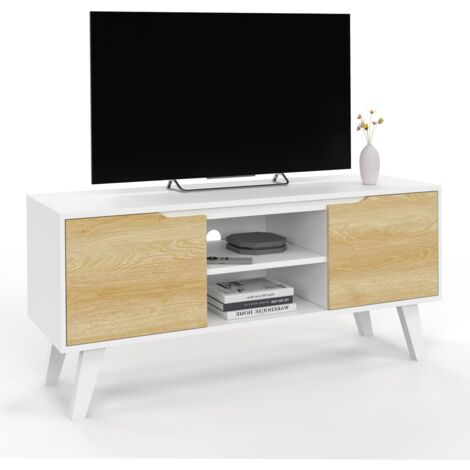 Idmarket – Meuble TV scandinave 110 cm blanc – 2 portes façon hêtre – Rangement optimisé avec passe-câbles – Pour TV jusqu'à 40 pouces (1/5)