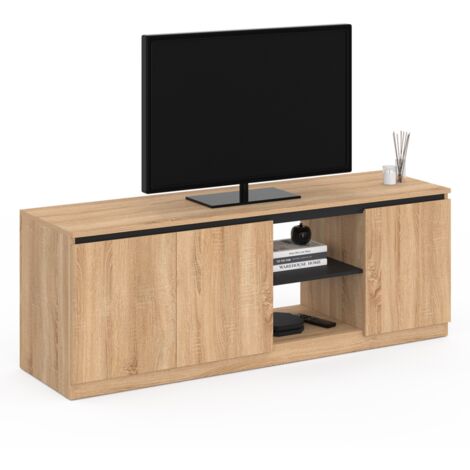 Idmarket – Meuble TV 3 portes en bois hêtre et noir 140 cm – Rangements pratiques avec passe-câbles – Design moderne pour salon contemporain (1/5)