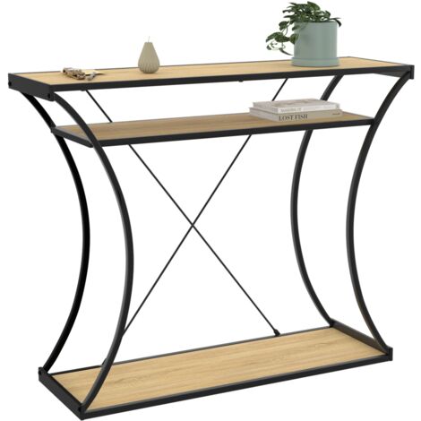 Idmarket – Console pieds courbés DETROIT – Double étagères 100x30cm – Structure métal noir et panneaux bois – Design industriel élégant (1/5)