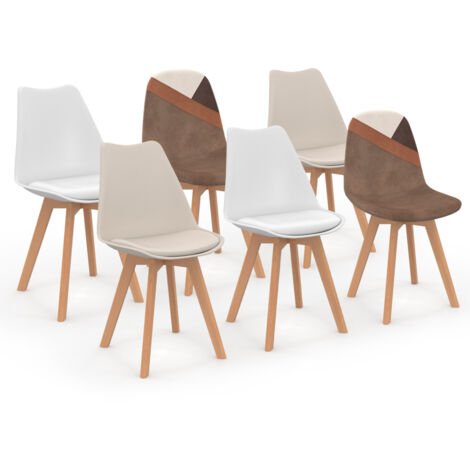Idmarket – Lot de 6 chaises scandinaves patchwork velours marron et beige – Dossier ergonomique – Pieds en bois – Confort optimal pour salle à manger (1/5)