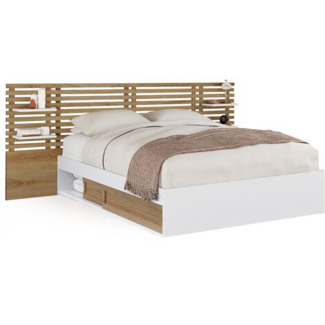 Idmarket – Lit double SAVANA 140 x 190 cm – Tête de lit en lattes effet bois – Chevets modulables – Rangement sous le sommier – Panneaux de particules hêtre et blanc
