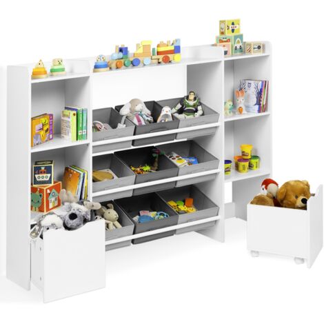 Idmarket – Meuble de rangement enfant 7 étagères – 9 bacs en tissu – 2 cubes sur roulettes – Dimensions 140x30x100 cm – Panneaux de particules blanc (1/5)