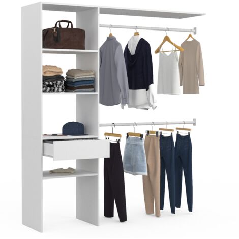 Idmarket – Dressing MELINE 160 x 40 x 180 cm blanc – 4 étagères dont 1 réglable – Tiroir pour accessoires – Double penderie 2 niveaux (1/5)