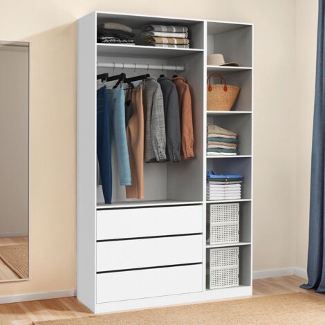 Dressing 2 colonnes + meuble 4 tiroirs chêne blanc, rideau écru
