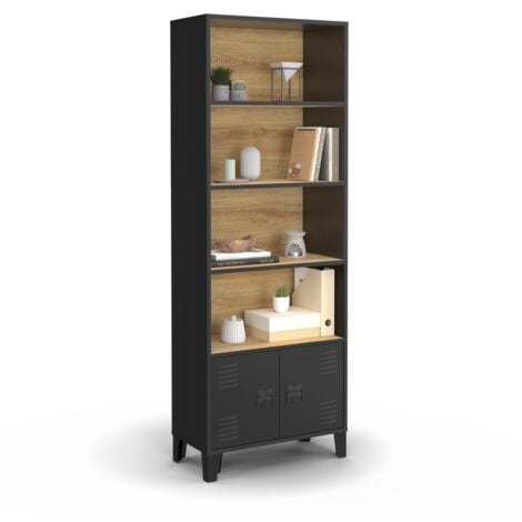 Etagère bibliothèque 5 niveaux avec placard ESTER portes métal noir et plateau bois design industriel