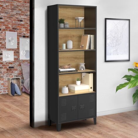 Etagère bibliothèque 5 niveaux avec placard ESTER portes métal noir et plateau bois design industriel