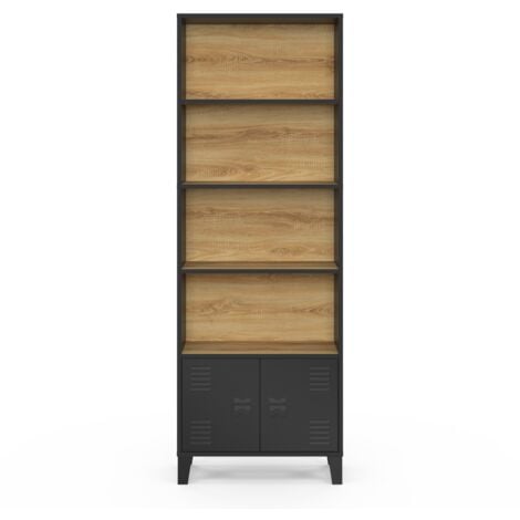 Etagère bibliothèque 5 niveaux avec placard ESTER portes métal noir et plateau bois design industriel
