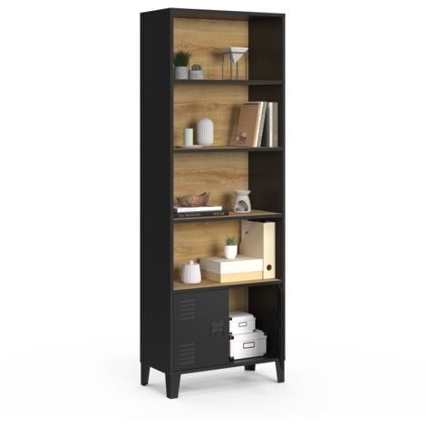Etagère bibliothèque 5 niveaux avec placard ESTER portes métal noir et plateau bois design industriel