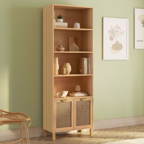 Etagère bibliothèque 4 niveaux avec placard EDHEN cannage et bois