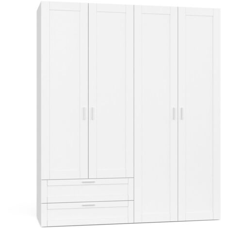 Idmarket – Armoire penderie 4 portes 160 cm blanc – 2 tiroirs et 3 étagères réglables – Capacité de charge 15 kg par étagère – Montage facile
